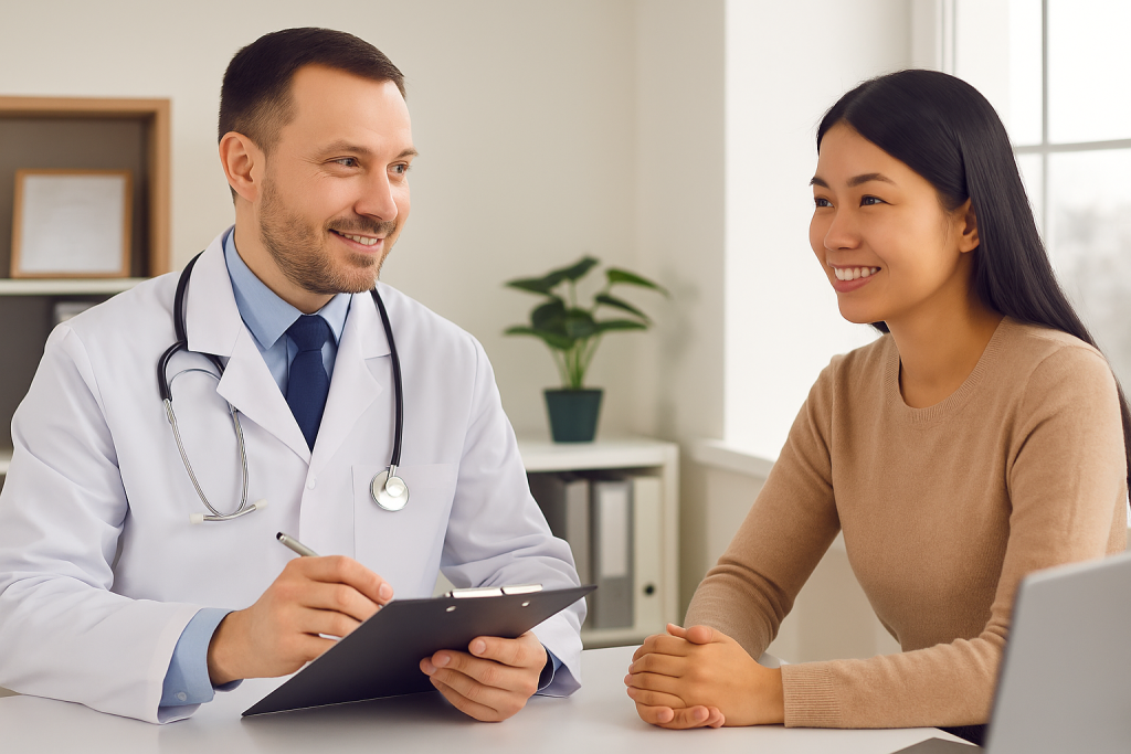 Bác sĩ người Nga đang tư vấn cho bệnh nhân Việt Nam trong phòng khám hiện đại. Cả hai cùng mỉm cười, tạo không khí thân thiện và chuyên nghiệp.