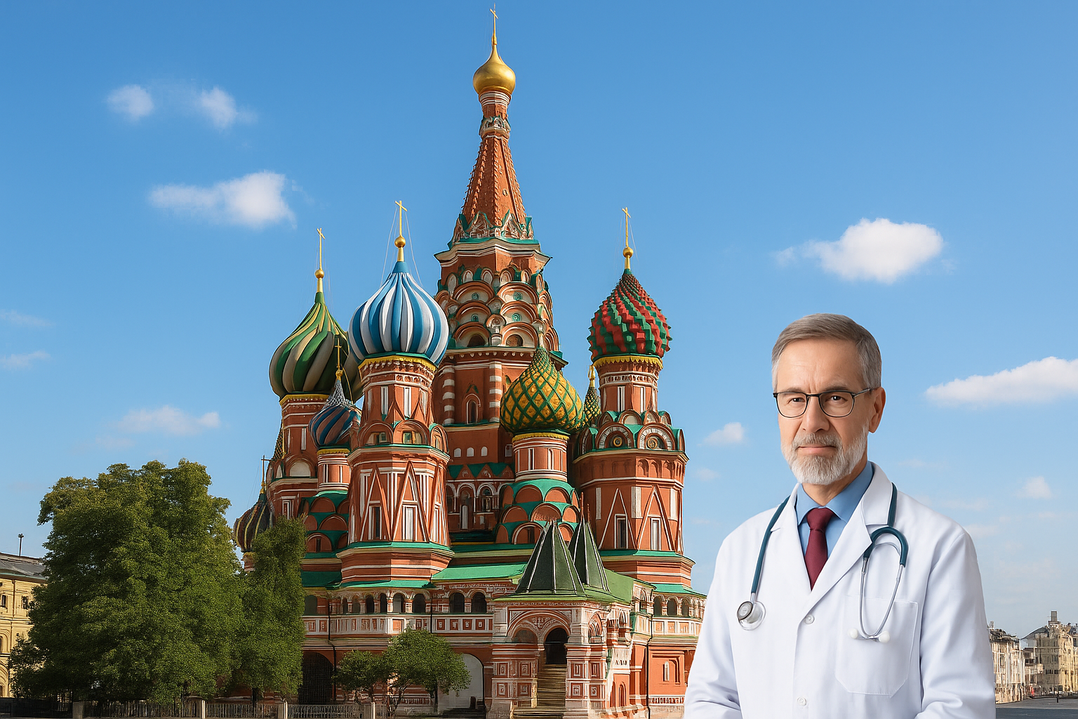 Nhà thờ Thánh Basil với mái vòm củ hành nhiều màu sắc nổi bật tại Quảng trường Đỏ, Moscow, biểu tượng kiến trúc nổi tiếng của nước Nga dưới bầu trời xanh trong.